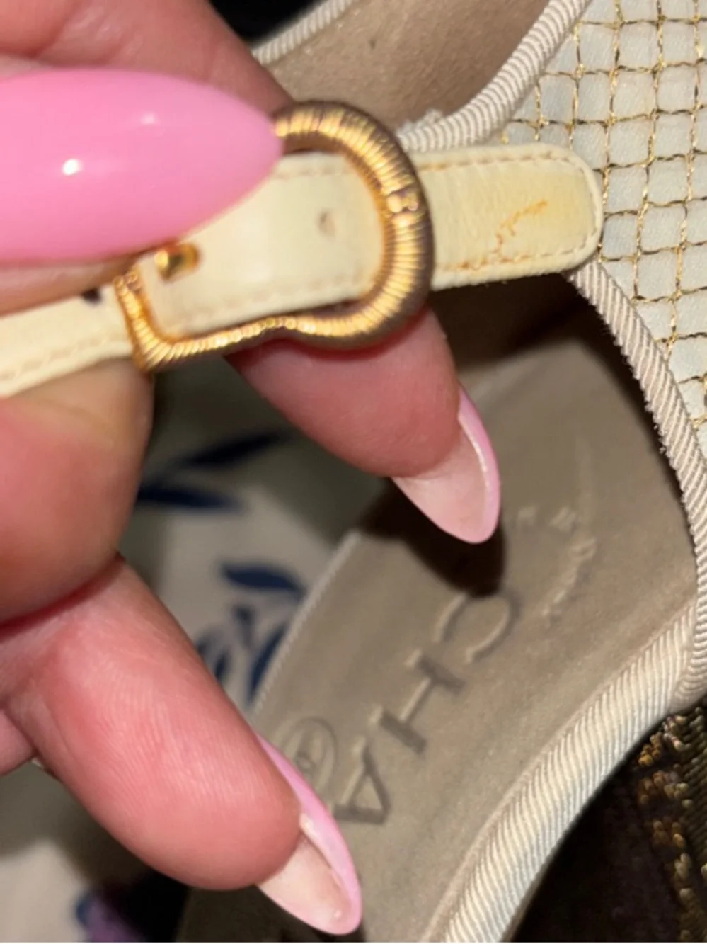 CHANEL Cream and Gold Camellia Ankle-Strap Heels